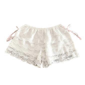 Damen-Stufen-Rüschen-Spitzen-Bloomers-Shorts mit Schleifenakzent, Sicherheitshose mit elastischem Bund, Rüschen-Pettipants, Knickerbocker, Weiß, Größe M