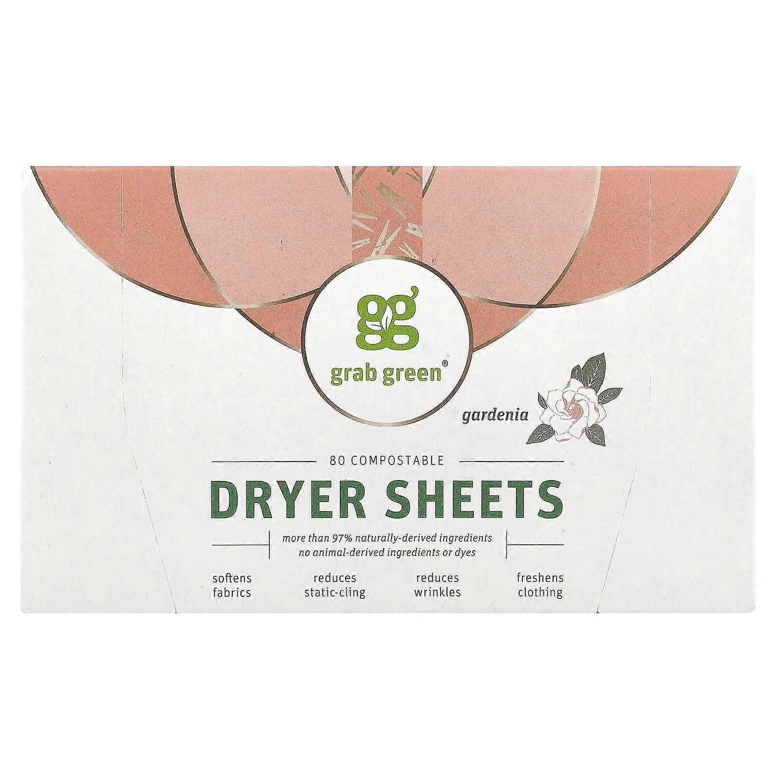 Grab Green, Dryer Sheets, Gardenia, 80 Compostable Sheets, 2-Pack
