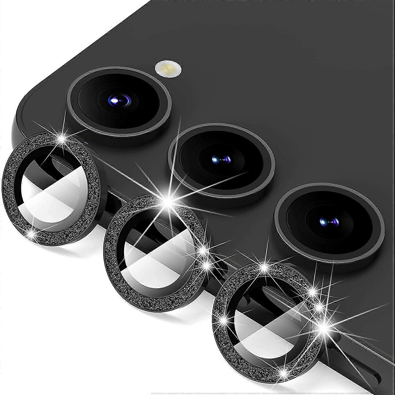 For Samsung Galaxy S25 Plus Aluminum Glitter Ring Camera + H9 Tempered Glass Black