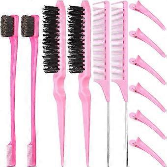 12Pcs Pink Hair Styling Comb Teasing Brush Rat Tail Comb Sectioning Clips Kit
