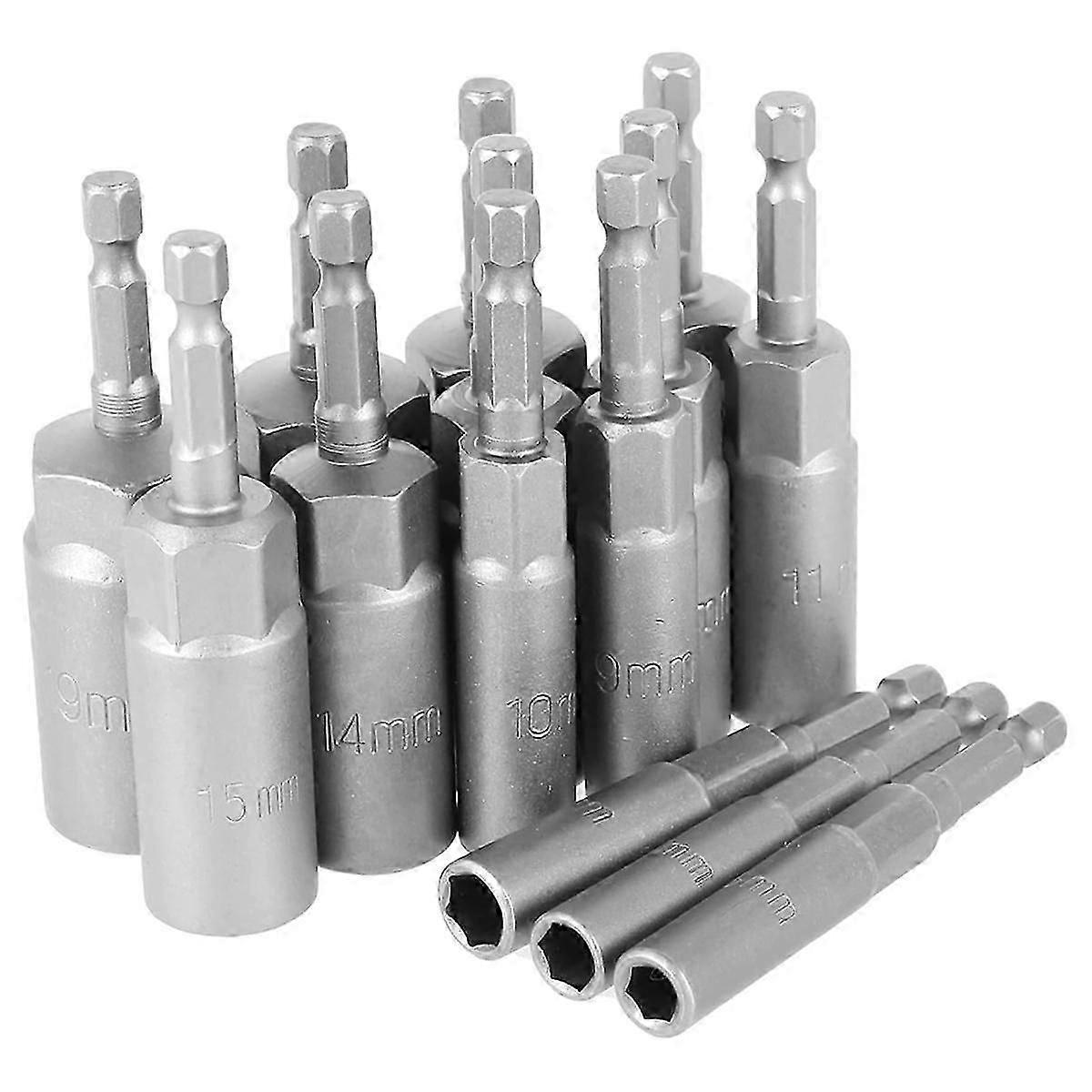14Pcs Hexagonal Sockets Set, 6-19mm Deep Socket Adapter Kit Hex Nut Driver Bits Set Quick Change Nu
