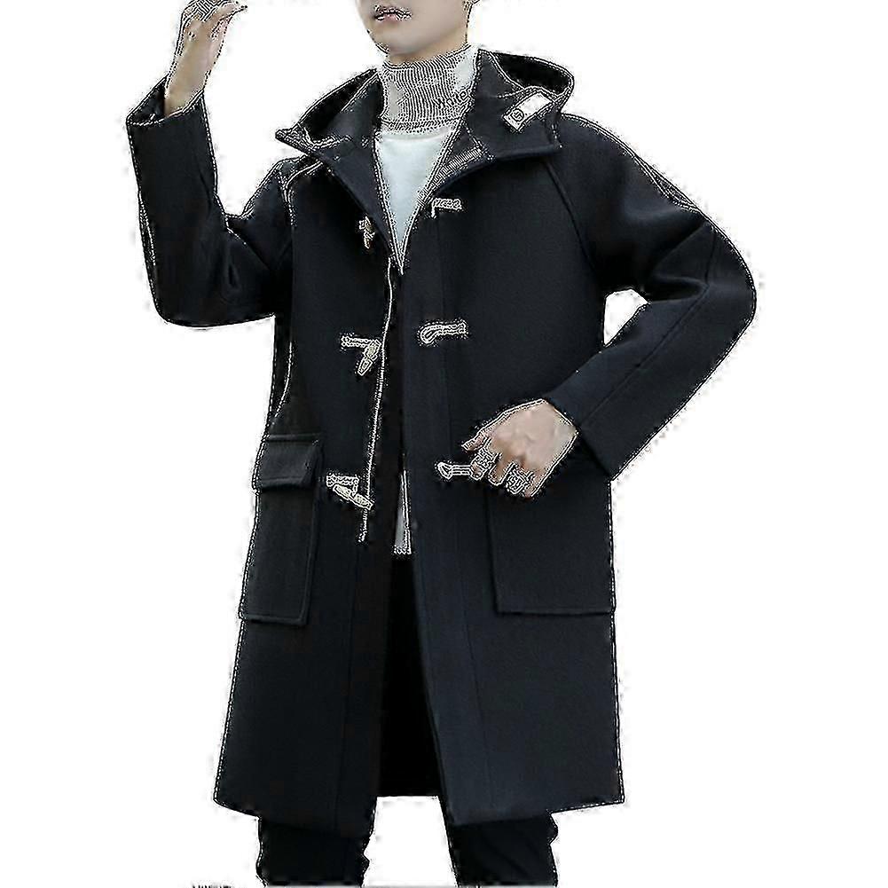 Mens Thick Solid Color Horn Button Woolen Hooded Overcoat