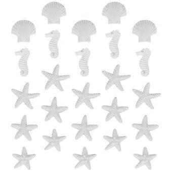 Resin Ocean Themed Miniature Figurines Set, White Seashells Sea Stars Seahorses for Fish Tank Aquarium Decor, 25 Pieces