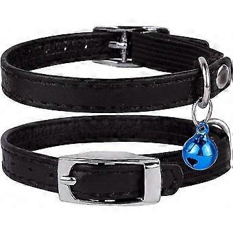Leather Cat Collar with Elastic Safety Strap and Bell, Black Blue Red Orange Kitten Collar for Cats