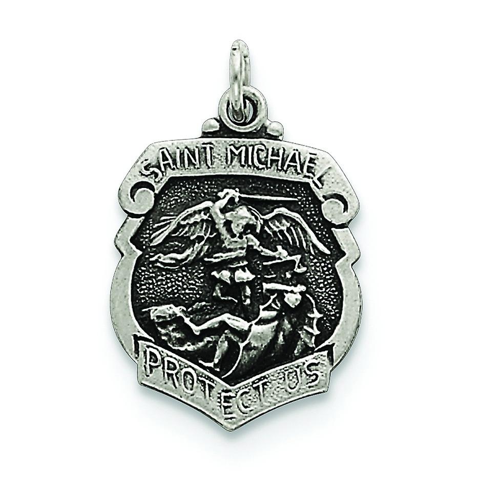 925 Sterling Silver Solid Satin Artisan Oxidized Engravable (back only) St.Michael Badge Medal Charm 1/2 Inch x 3/4 Inch