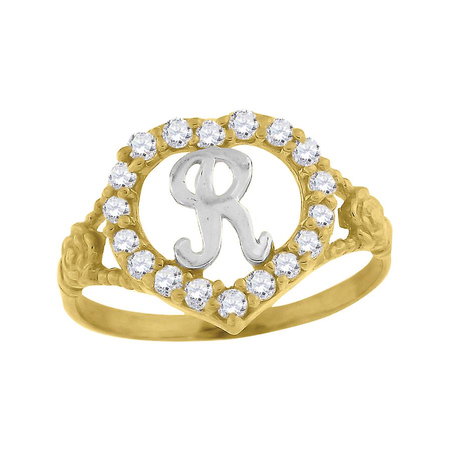 10k Two tone Gold Womens Cubic Zirconia Polished Finish Love Heart Shape Letter R Initial Ring 12.3x1.3mm Wide Statement