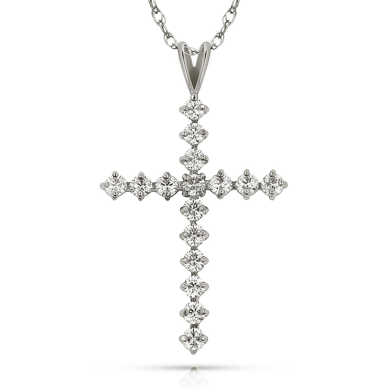 14Kホワイトゴールドキュービックジルコニア宗教的信仰クロスペンダントネックレス37x21mm-女性用ペンダント