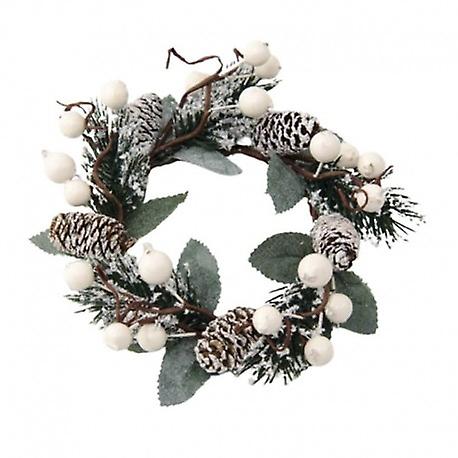 Candle ring for pillar candles with pine cones, white berries and snow glitter