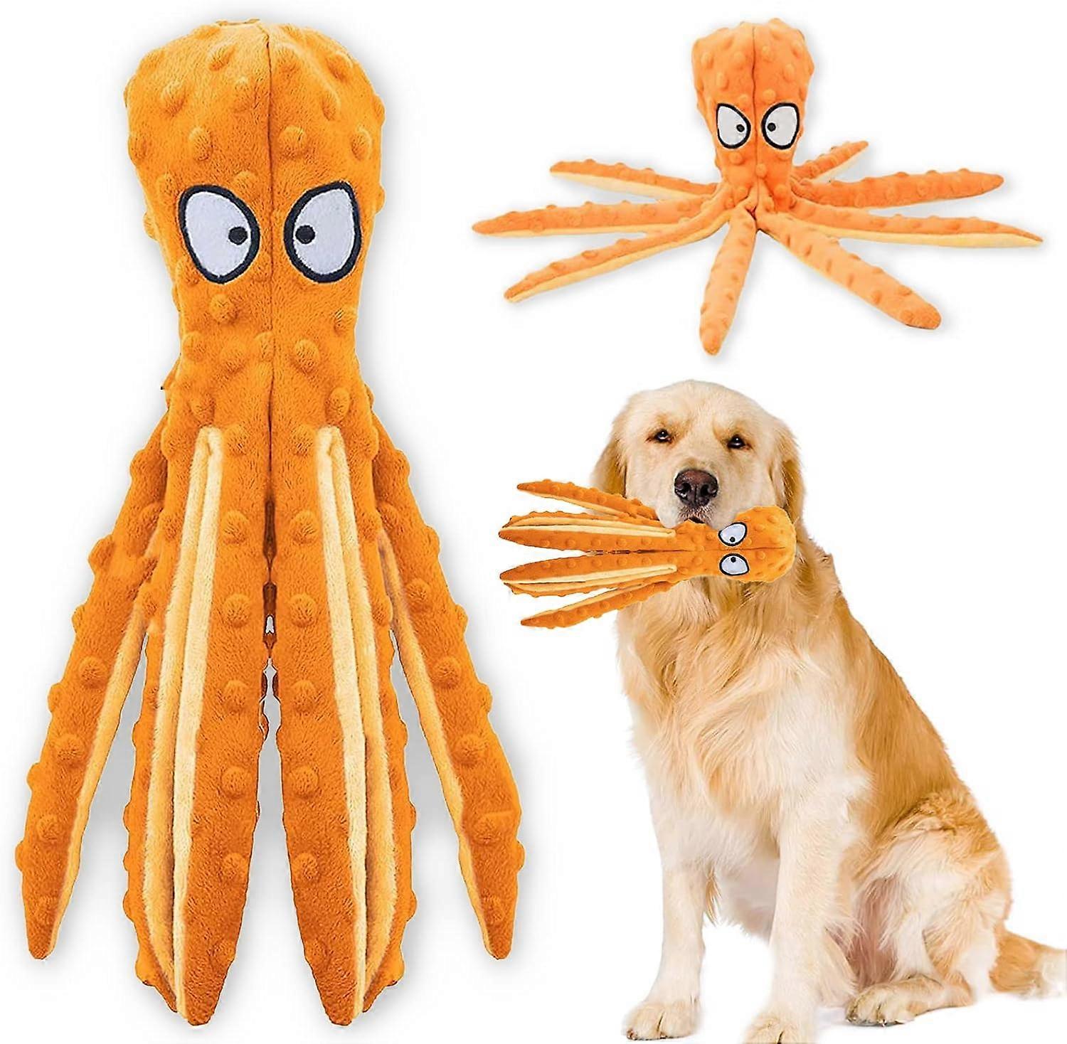 Squeaky Dog Interactive Play Toy,No Stuffing Octopus Dog Chew Toy with Crinkle Paper for Medium and Large Dog Playing (Orange)