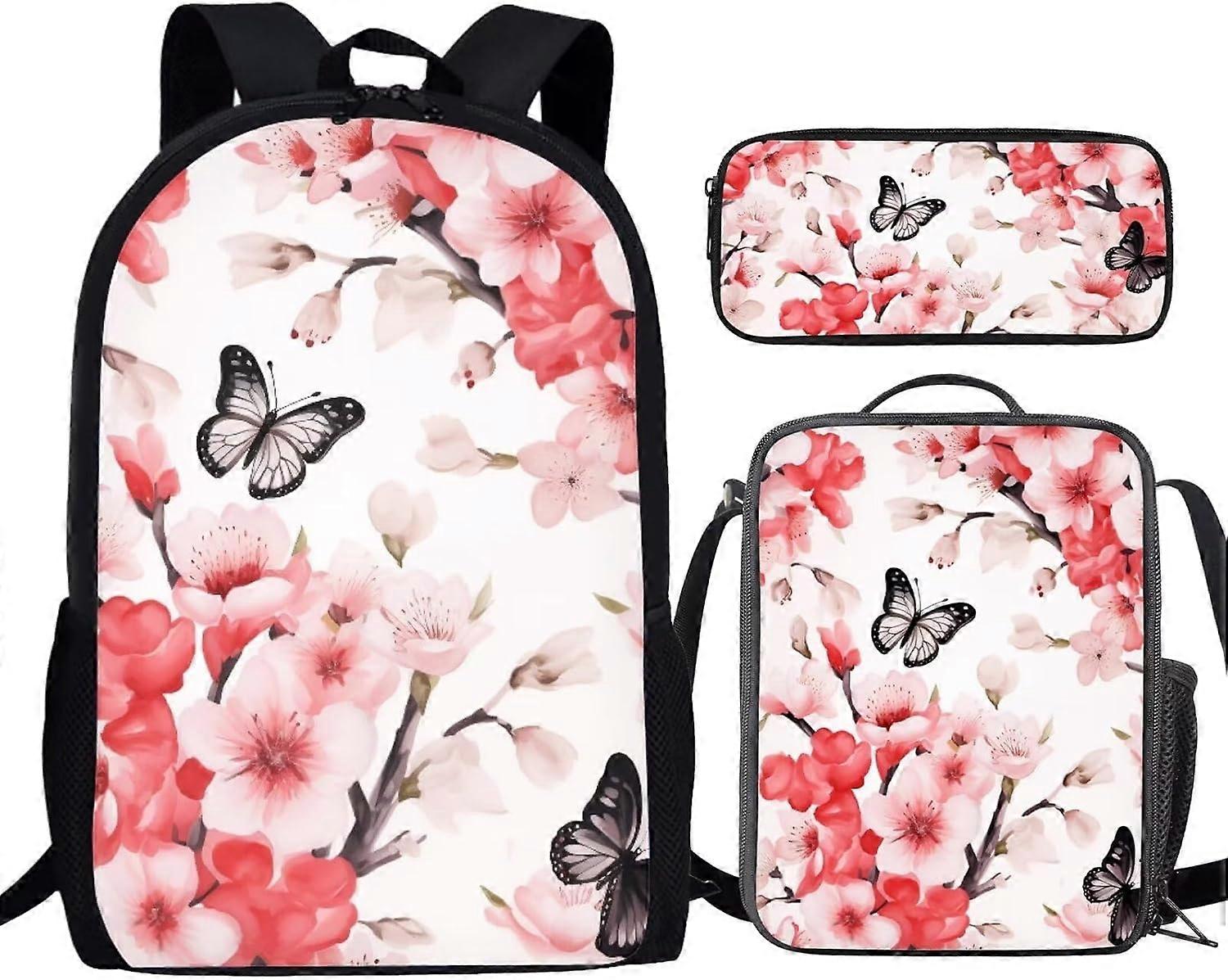 3 PCS Pink White Peach Blossom Butterfly School Bag Set, 17 Inch Student Backpack Lunch Bag with Thermal Insulated Pencil Case
