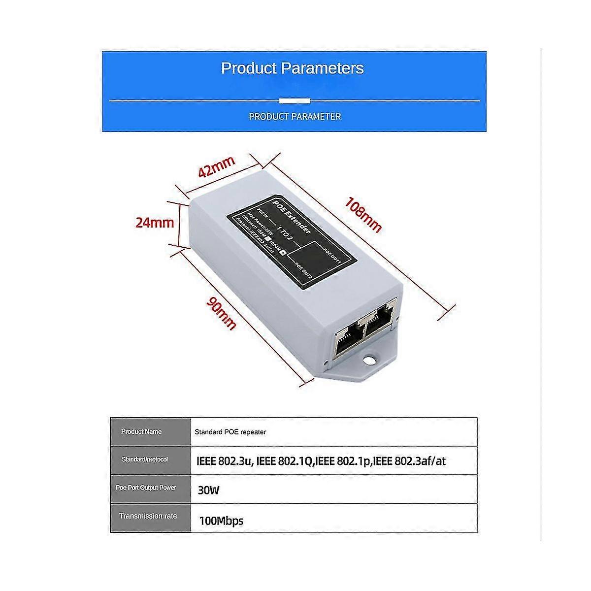 1 To 2 Port Poe Extender 100mbps Ieee 802.3af/at Standard 48v For Nvr Ip Camera Poe Extend 100 Mete