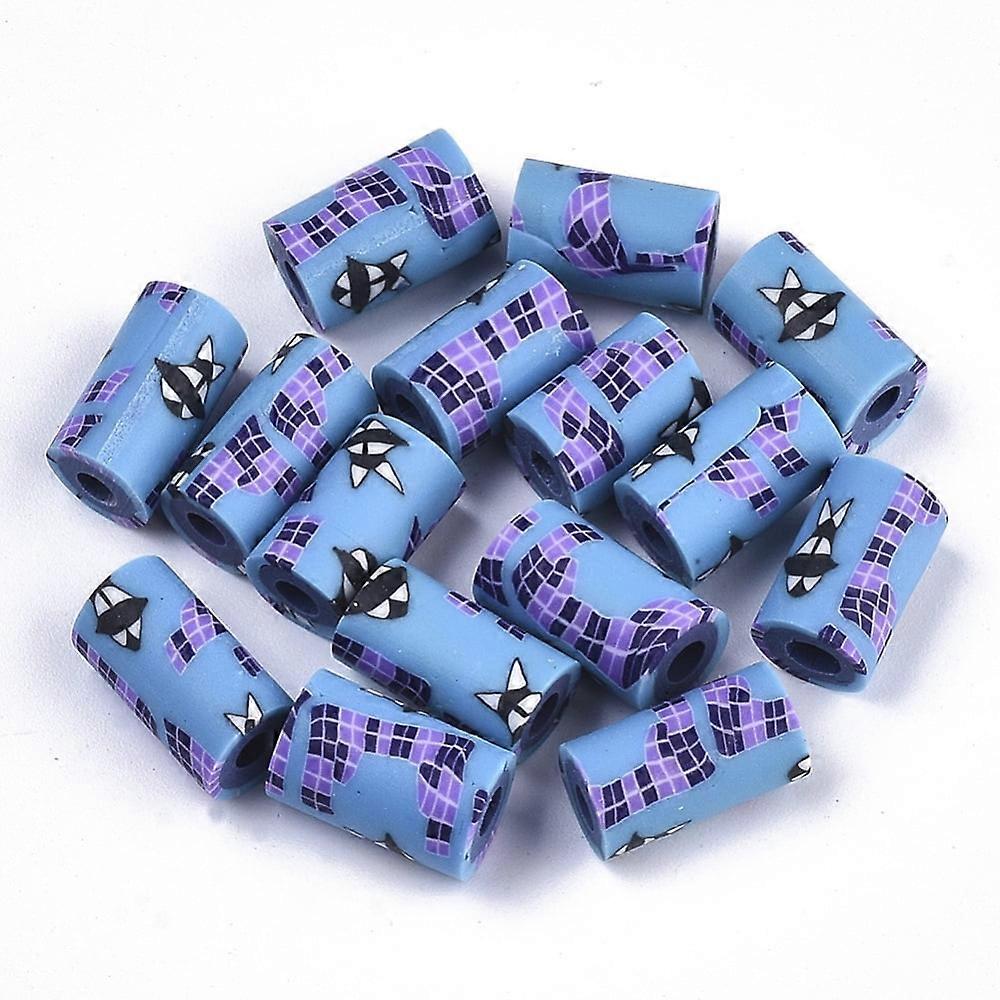 50pc Handmade Polymer Clay Beads Column with Flower Pattern Deep Sky Blue 12x7mm