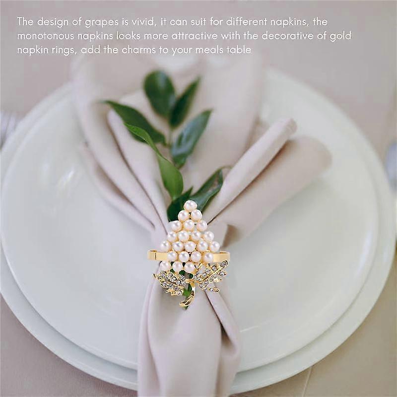 Grapes Napkin Rings Set of 6, with Glittering Imitation Diamond and Pearls Inlay Alloy Napkin Ring