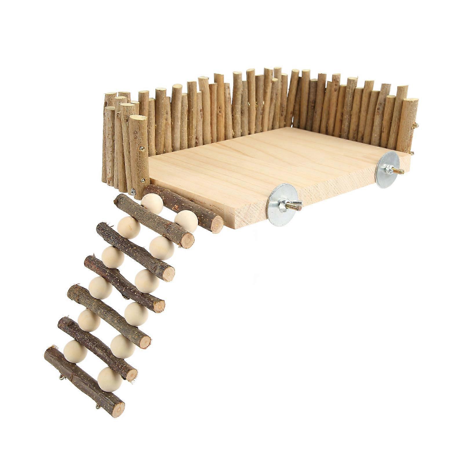Hamster Climbing Platform Wooden Chewing Toy with Fence - Small Pet Activity Playground
