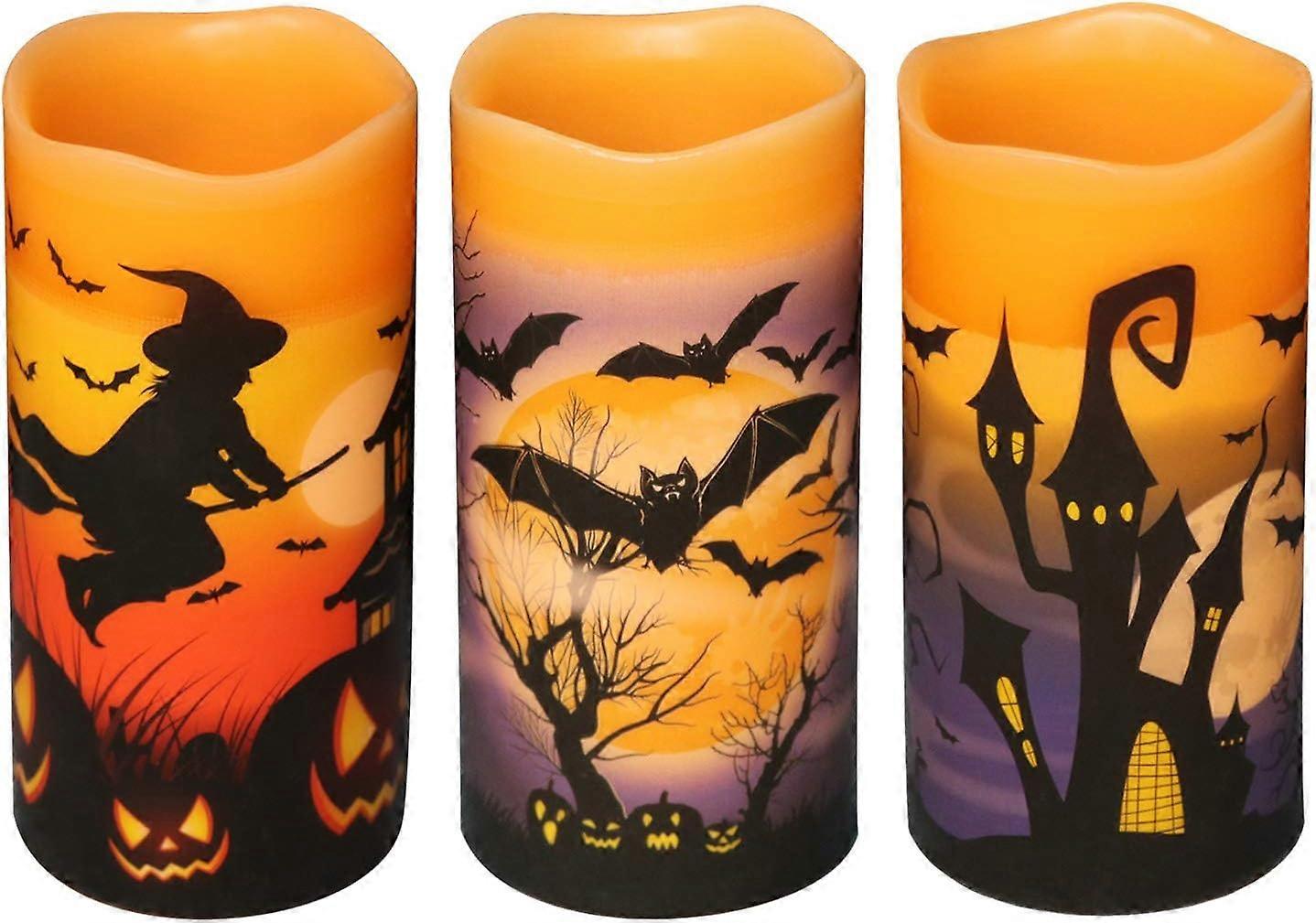 Flameless Flickering Candles Battery Operated with 6 Hour Timer, Set of 3 Real Wax LED Pillar Candles Warm Light with Castle, Witch, Bats Decal Hallow