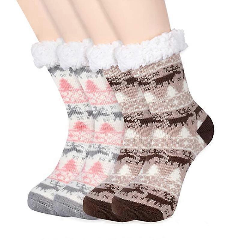 Women's Winter Super Soft Warm Cozy Fuzzy Snowflake Deer Fleece-lined With Grippers Slipper Socks