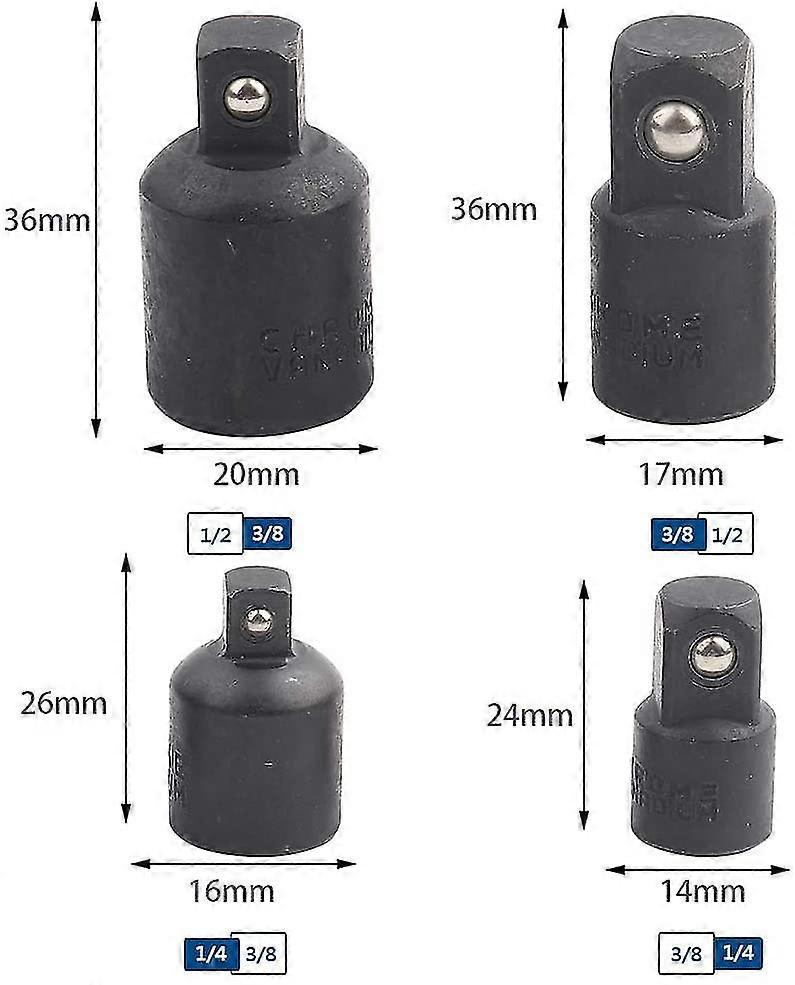 Set Of 4pcs 1/2", 3/8", 1/4" Increaser And Reducer Adapters For Sockets To Keys