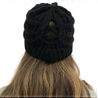 European and American New Cross Ponytail Knitted Hat Back (Black)
