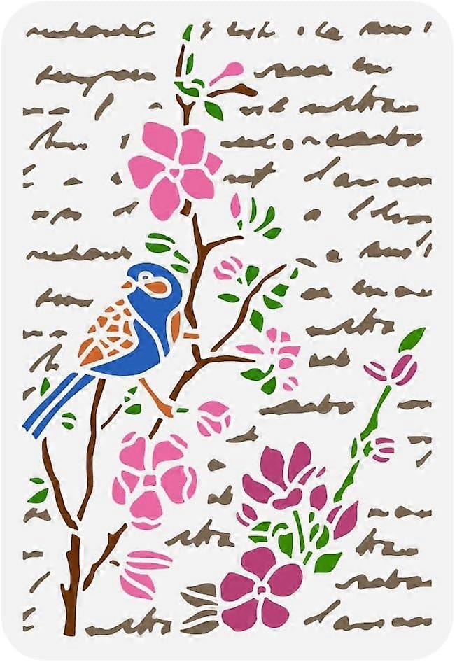 French Script Stencil 8.3x11.7 inch Cherry Blossoms Painting Stencil Plastic Birds Flower Branch Pattern Stencil Reusable French Writing Stencils for