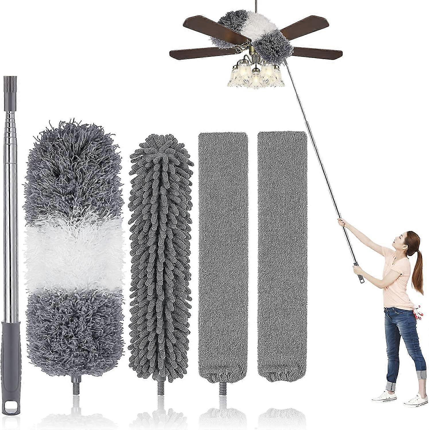 Dusters For Cleaning, Retractable Microfiber Gap Dust Cleaner With Extension Pole 30'' To 100'', Reusable Bendable Long Handle Feather Duster Kit For