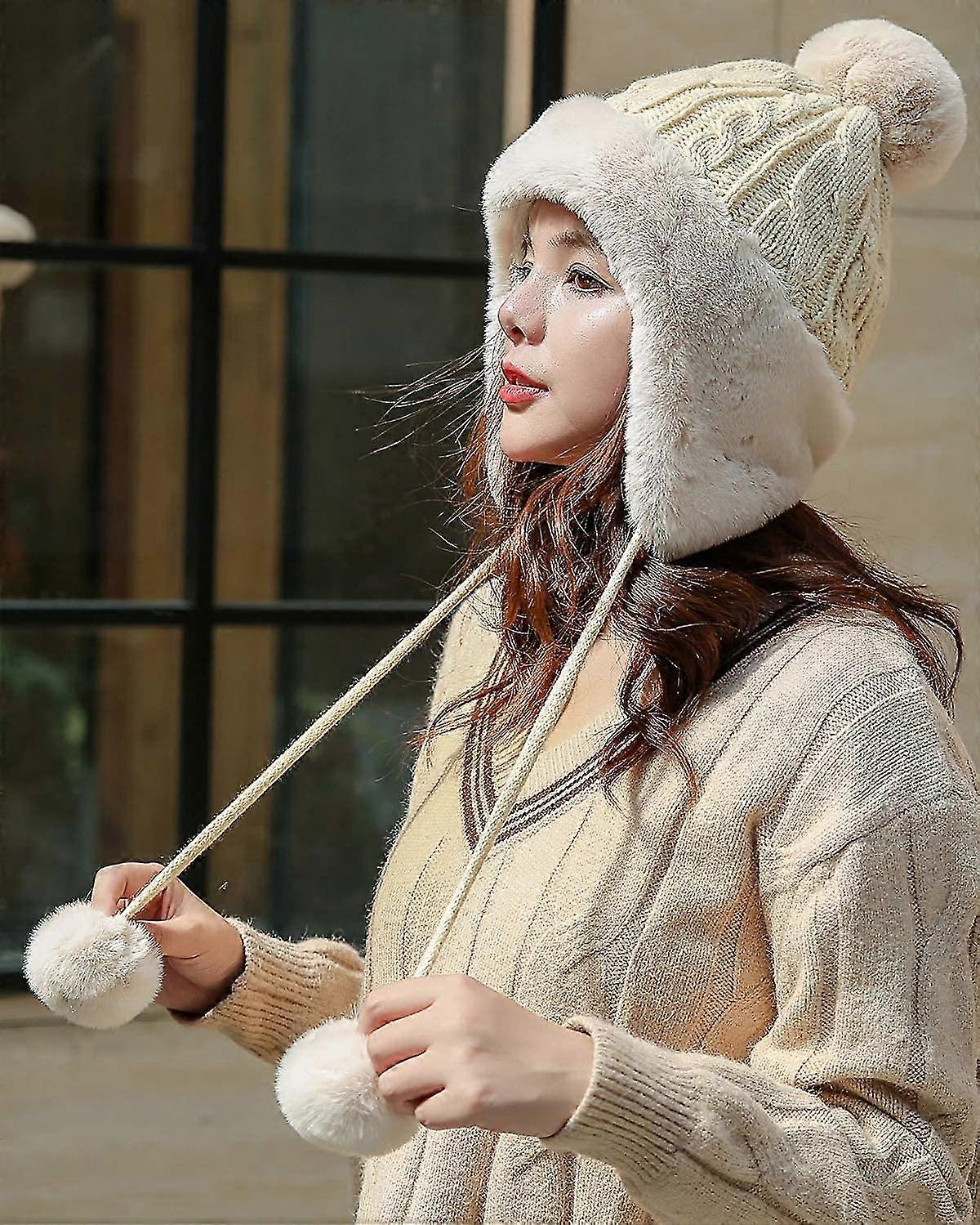 Women's Cable Knit Beanie Hat & Scarf Set With Ear Flaps & Pom Pom - Fleece Lined Winter Set For Skiing, Snowboarding, Outdoor Activities - View #6