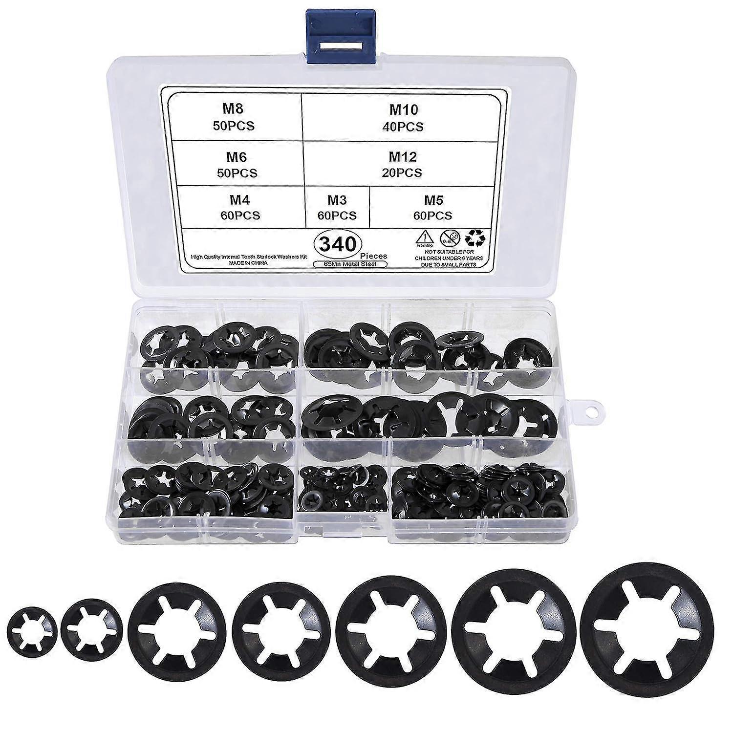 Universal Lock Washers Lock Washer M3 M4 M5 M6 M8 M10 M12 Starlock Washer Quick Push Fasteners Assortment Kit with Box Black 340 Pieces