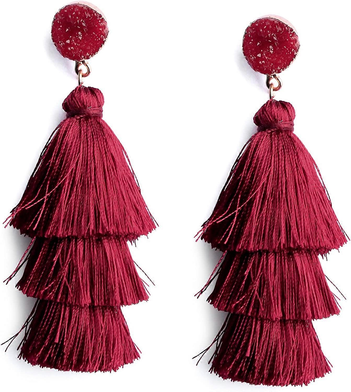 カラフルなレイヤードタッセルイヤリングボヘミアンティアードレッセルドゥルージースタッドダングルドロップイヤリング女性ティーンガールズバースデークリスマスバレンタインデーギフト