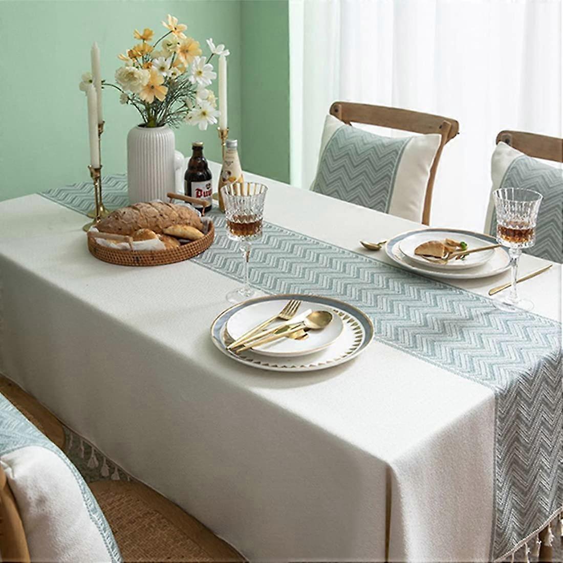 Wave Patterned Tablecloth Fringe Table Cloth Square Washable Table Cover with Tassels for Kitchen Dining, Party, Holiday, Picnic, Buffet (Green, 55"x5
