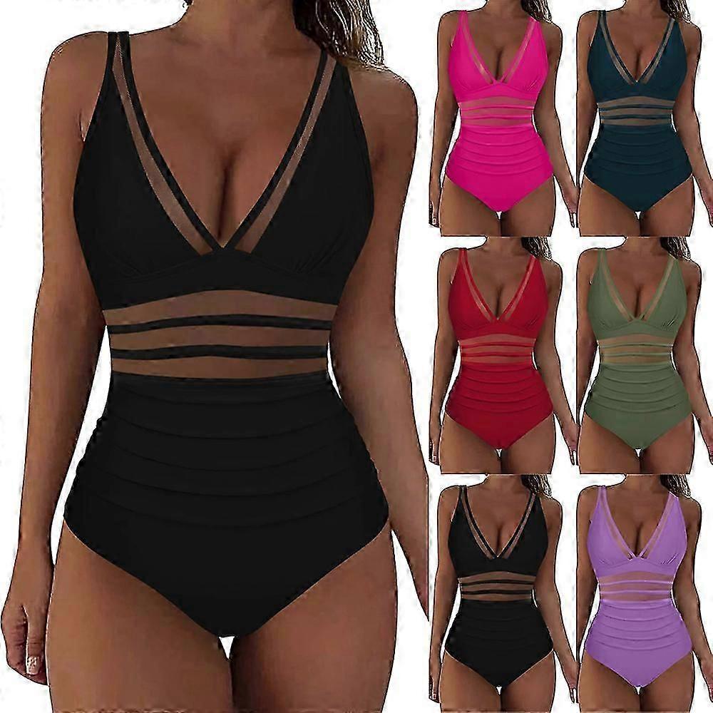 Solid-Color Deep V Neck Mesh Hollow Swimsuit Quick Drying Comfy Soft Swimwear for Swimming Pool