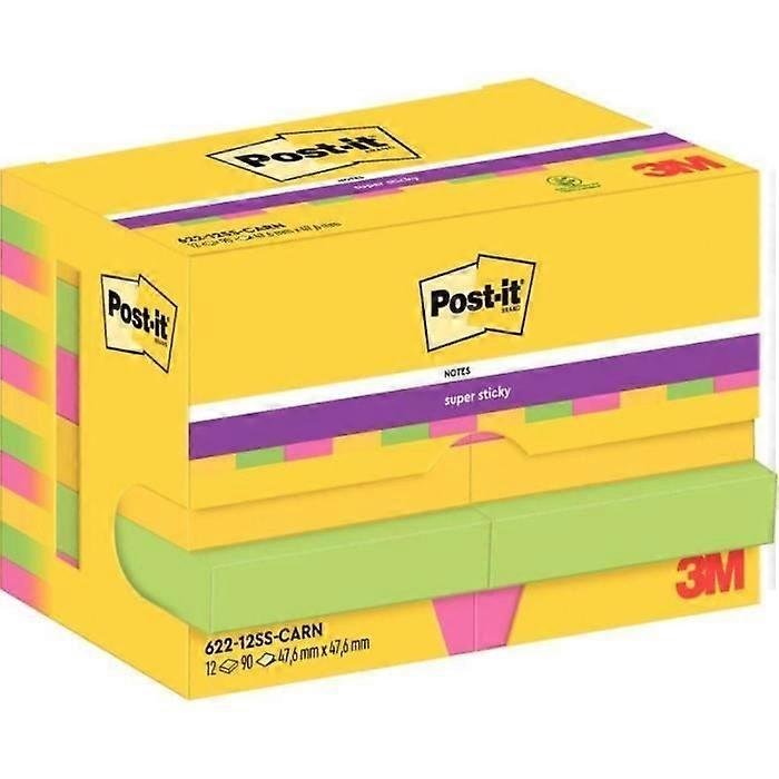 Set of 12 repositionable pads 90 sheets Post-it Super Sticky Carnival collection 47.6 x 47.6 mm
