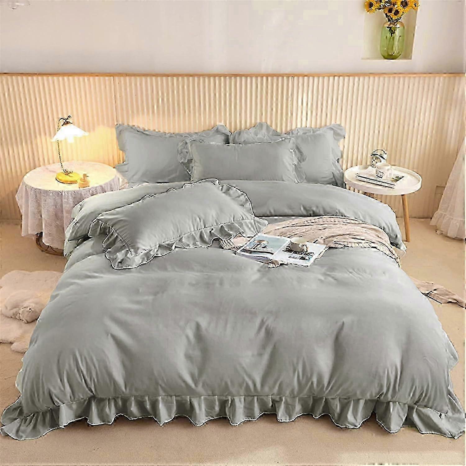 J2332 ملاءات السرير مجموعة غطاء لحاف كشكش رمادي مع 2 غطاء وسادة الرتوش طقم الفراش مع إغلاق بسحاب غطاء لحاف ناعم من الألياف الدقيقة ملاءات سرير BBA2332