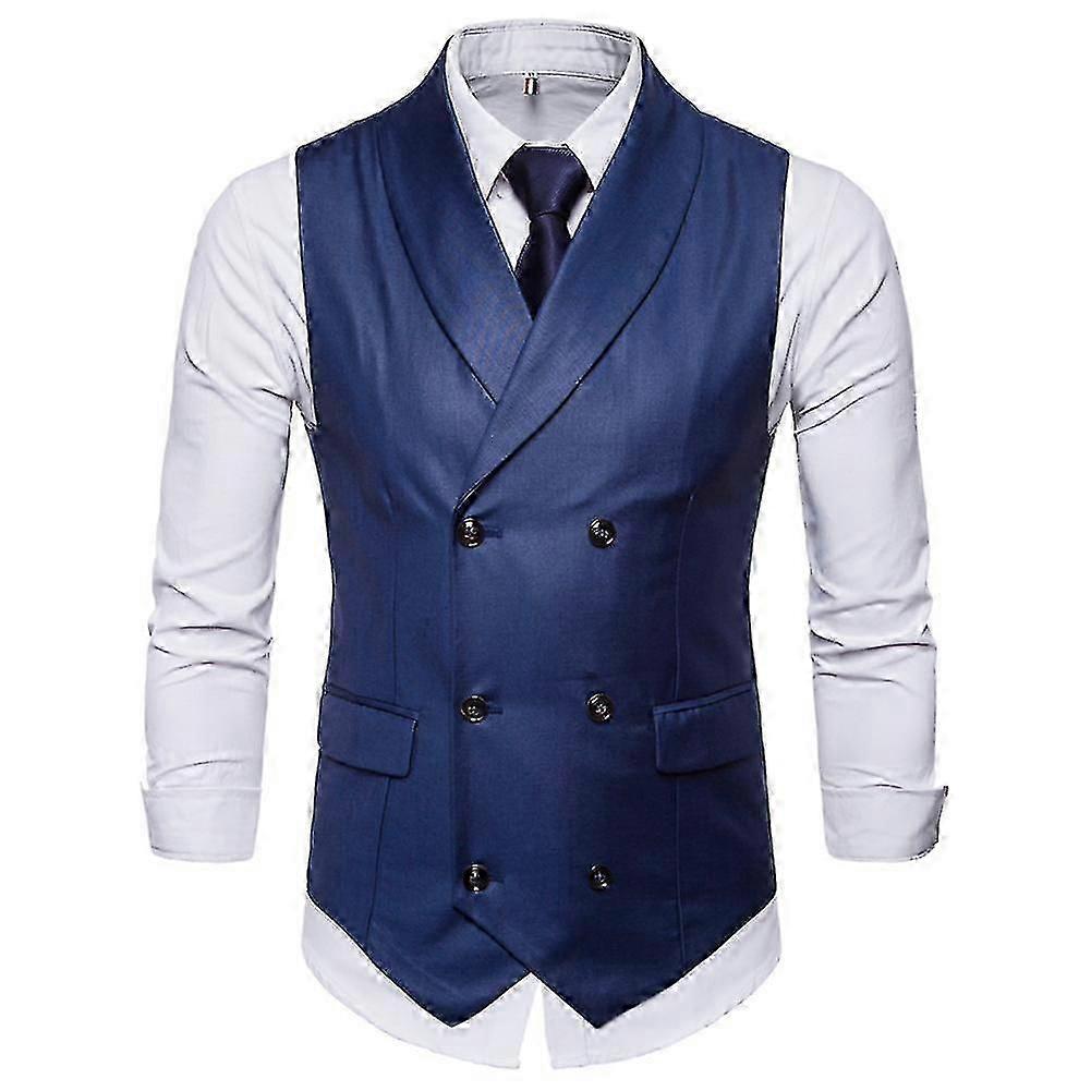 Mens Business Formal Solid Color Lapel Double-breasted Slim Vest a