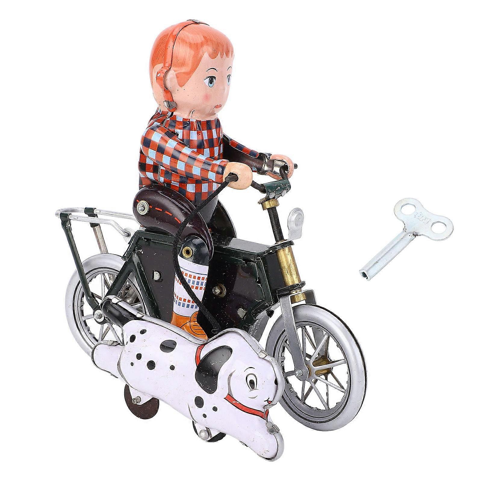 Clockwork Toy Retro Boy Walk The Dog By Bike Wind Up Tin Toy for Collection Decoration