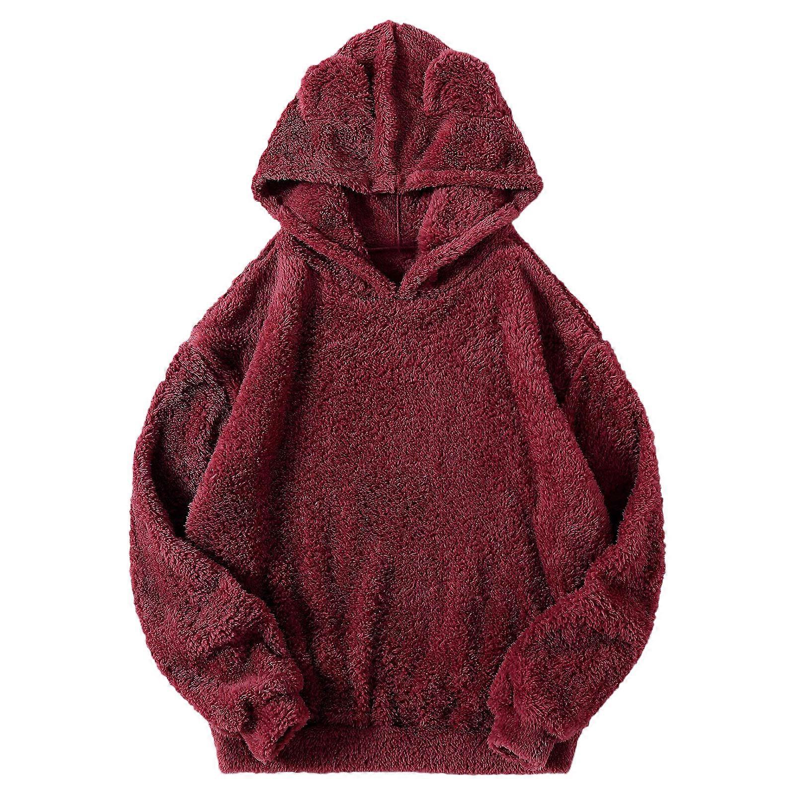 Women Cute Bear Ears Fleece Plush Long Sleeve Hoodies Winter Warm Oversized Loose Casual Fuzzy Sweatshirt Pullover Tops  Burgundy XL