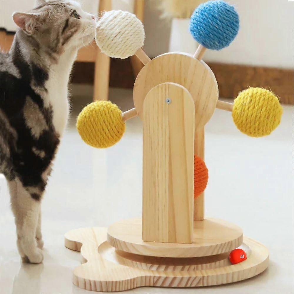 Solid Wood Turntable Cat Toy, Interactive Ball Track with Colorful Sisal Balls, Durable Ferris Wheel Design for Indoor Cats