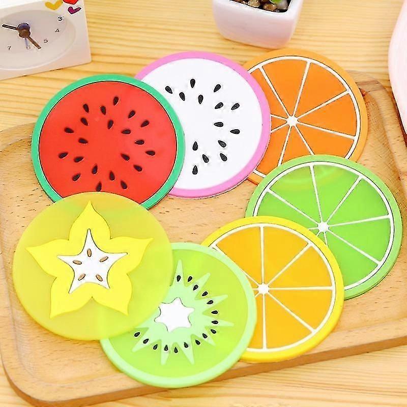 Set of 7 Creative Silicone Coasters - Round Fruit Pattern Cup Mat for Drinks, Coffee, Tea, Glass, Ki