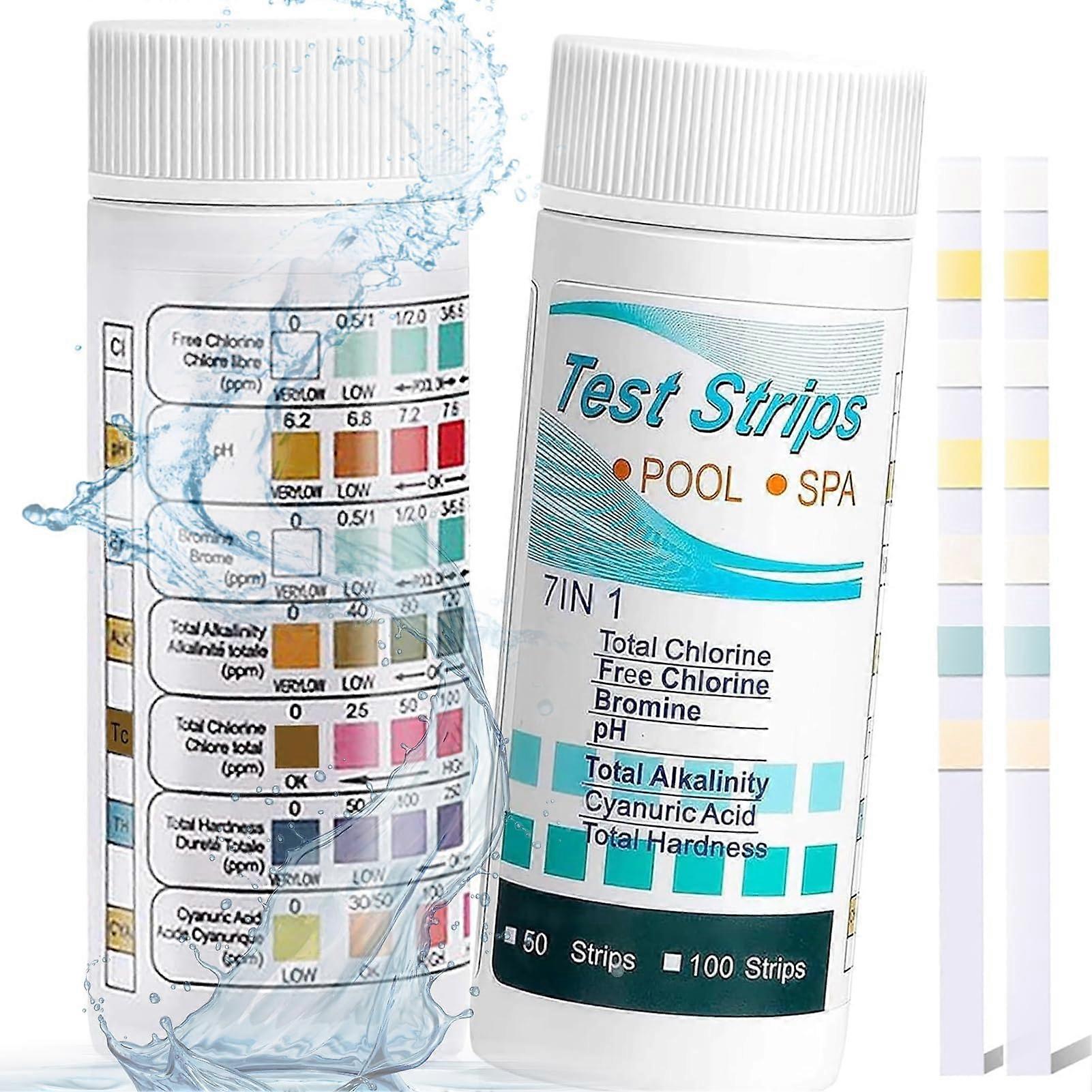 7-in-1 Pool Water Test Strips, 100 Count for Total Hardness, Free Chlorine, Bromine, Alkalinity, and pH Testing