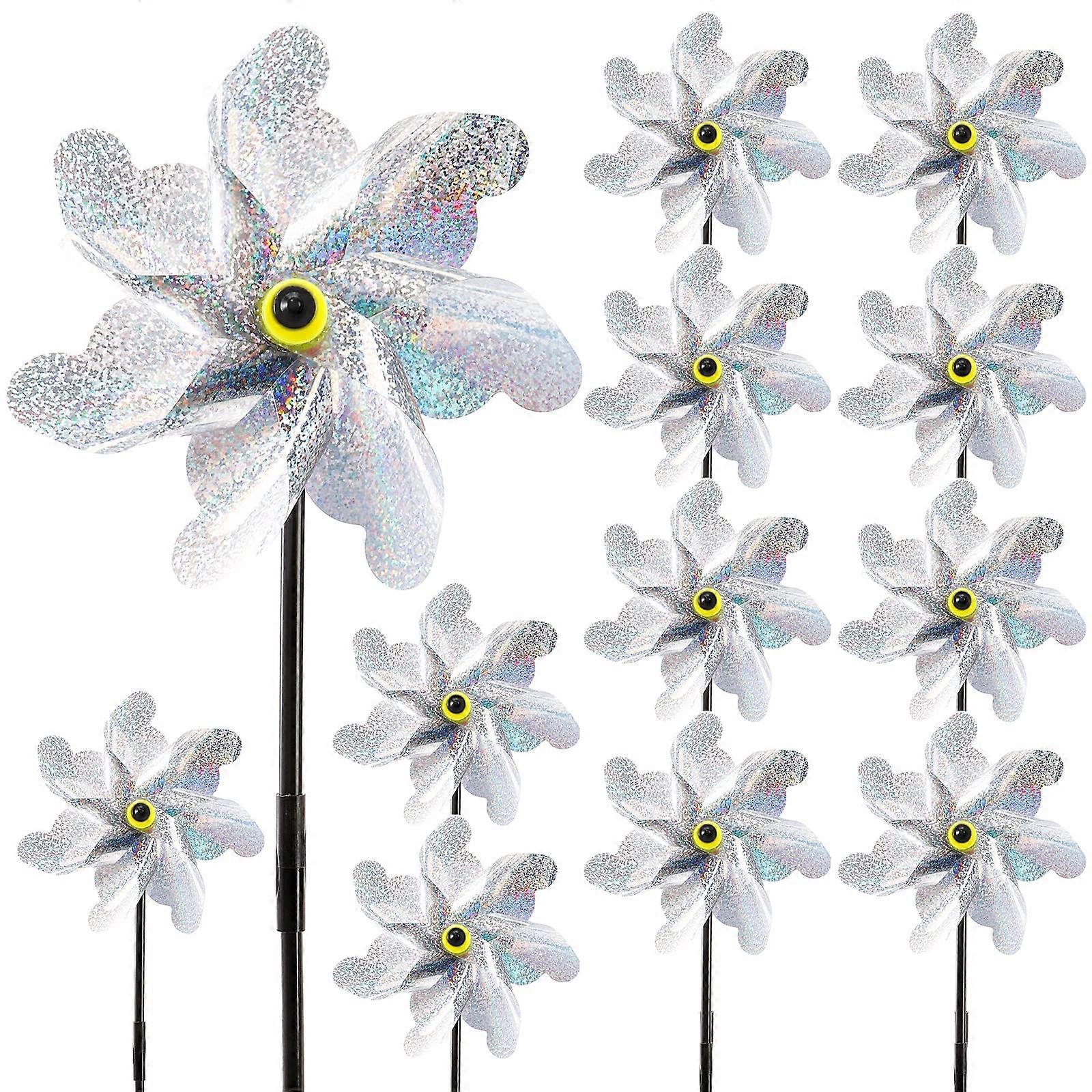 12 Pieces Reflective Pinwheels With Stakes 7-Inch Sparkly Garden Pinwheels Silver Bird Deterrent For Yard And Garden
