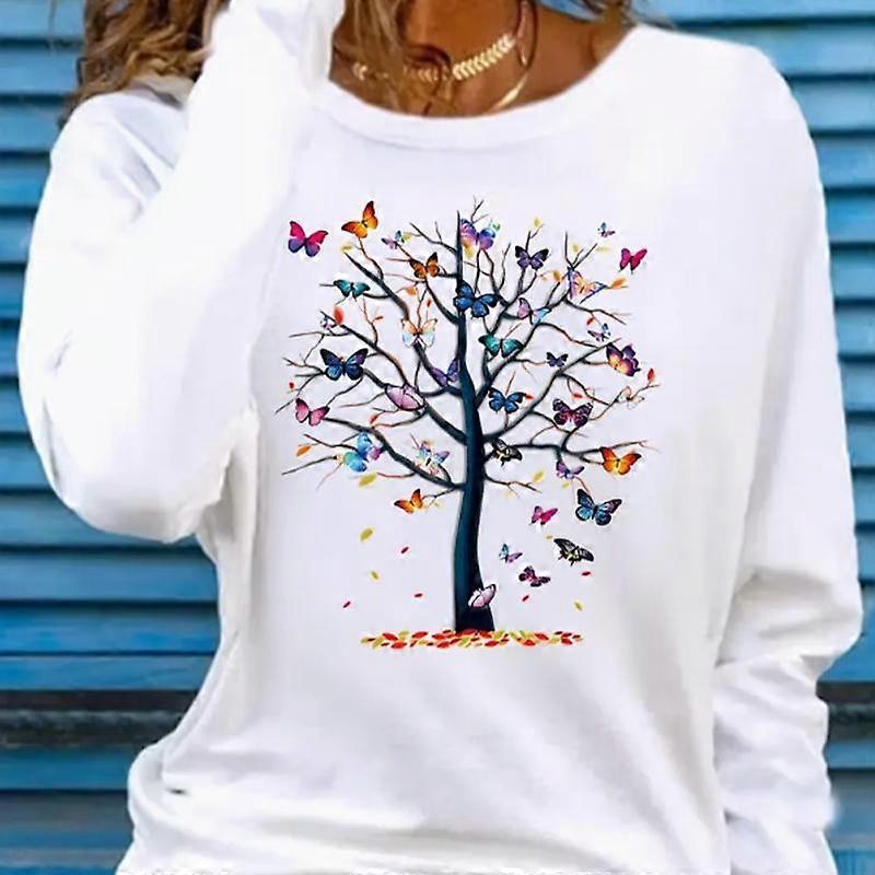 Topy dla kobiet Love Tree Print Okrągły dekolt Koszulka z długim rękawem Fall Casual Slim Pullover Damski top z długim rękawem