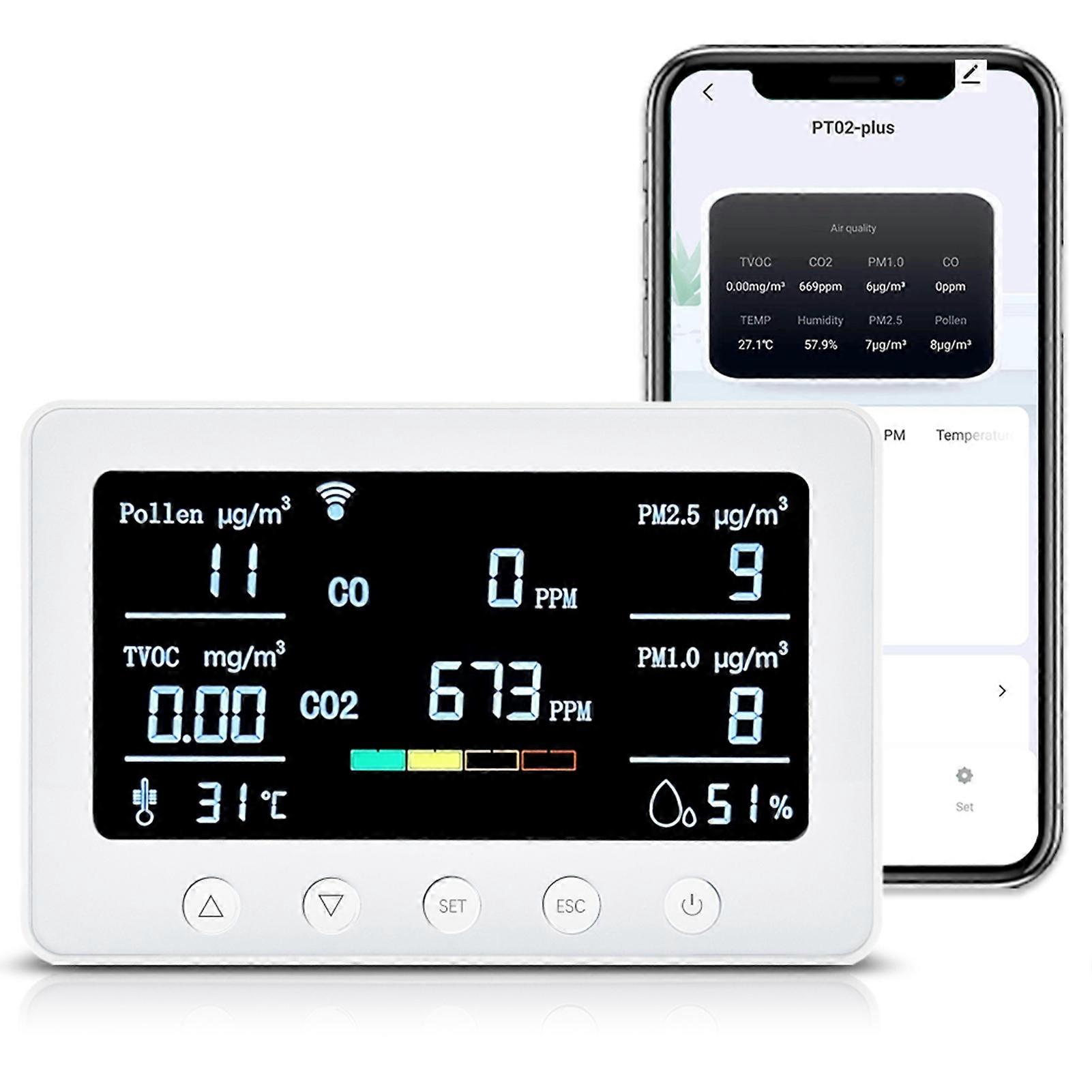 2.4GHz WiFi Air Quality Monitor 8-in-1 CO2/CO/PM2.5/PM1.0/TVOC/Pollen/Temperature and Humidity Meter with Alarm Smart Tuya APP NDIR Sensor Portable R