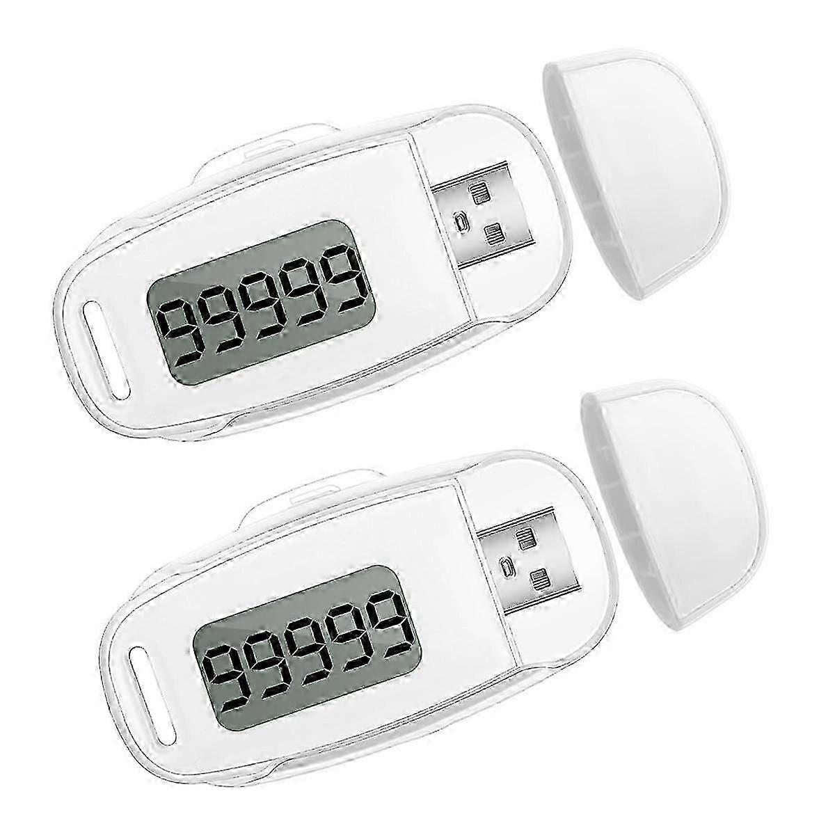 2Pcs USB Rechargeable 3D Pedometer Step Counter with Clip - White