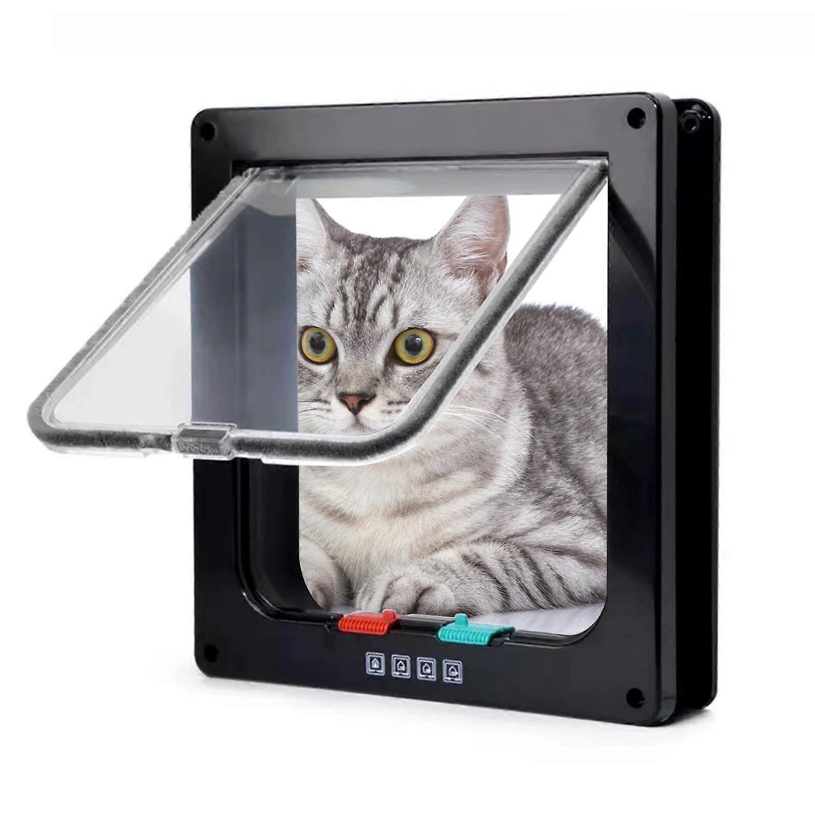 Cat Flap Window Door for Pets, 4-Way Lock Security Pet Flap, Black Thin Cat Door for Sliding Doors, Size Small