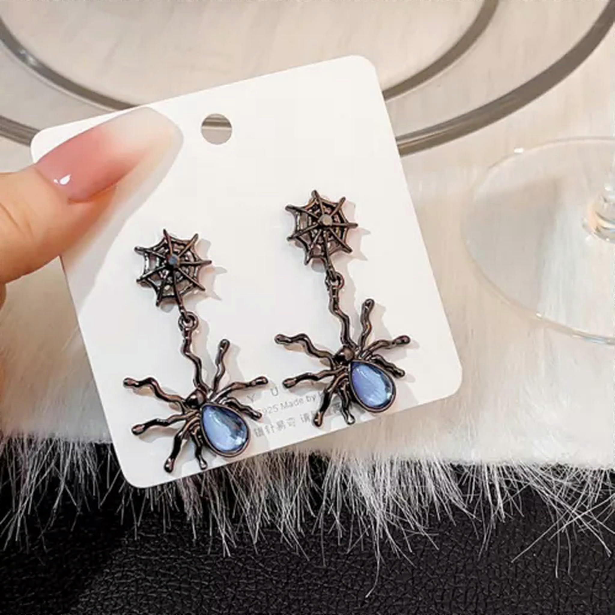 Drop Earrings Halloween Spider Moonstone Earrings Black Gothic Style
