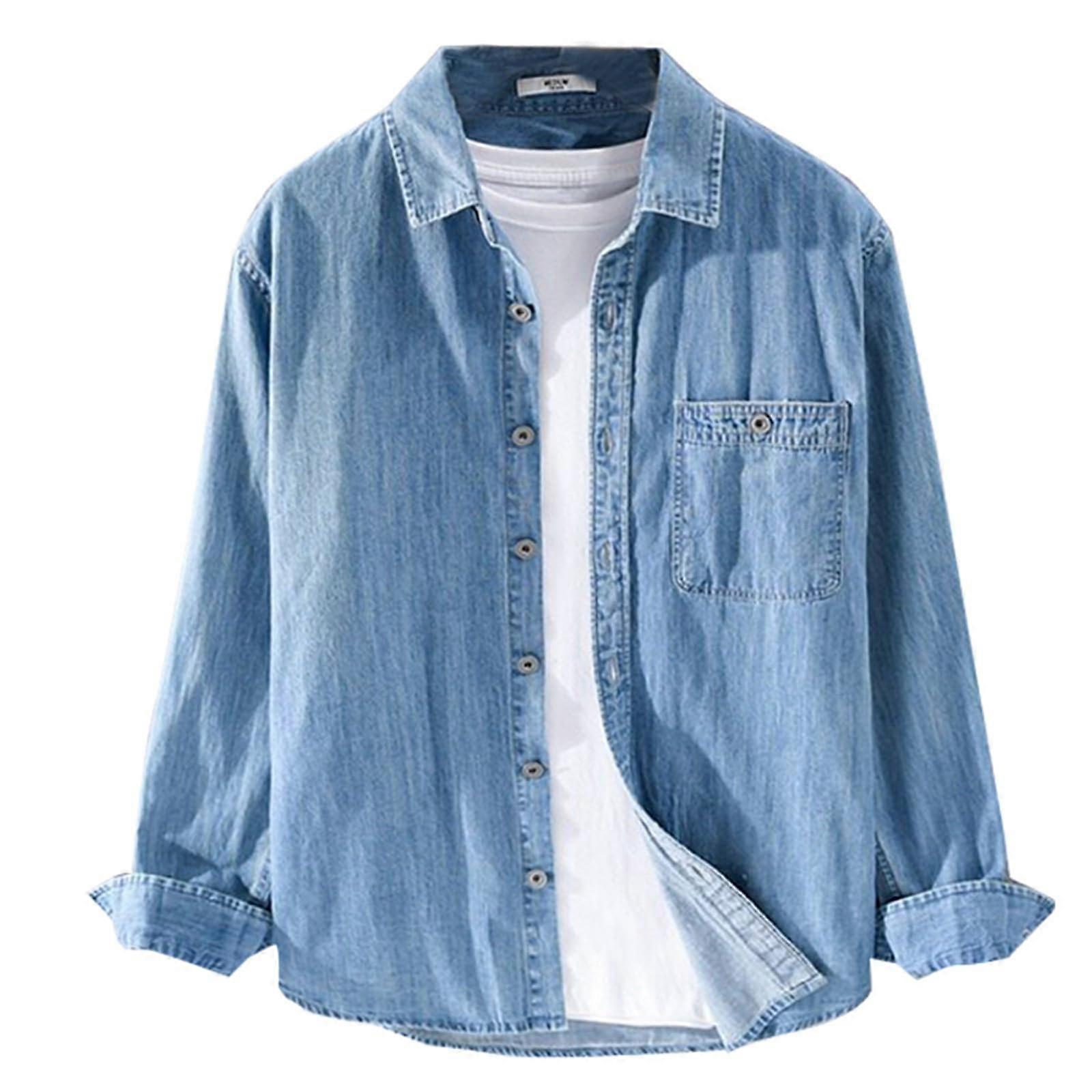Denim Shirt Jacket For Men, Solid Color, Long Sleeve, Lightweight, With Button Placket, 3XL