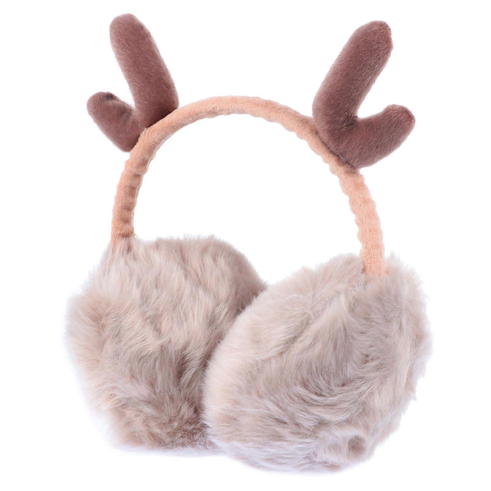 Khaki Plush Earmuff for Ear Warming Keeps Children Warm in Winter with Elastic Fit Christmas Antler Style