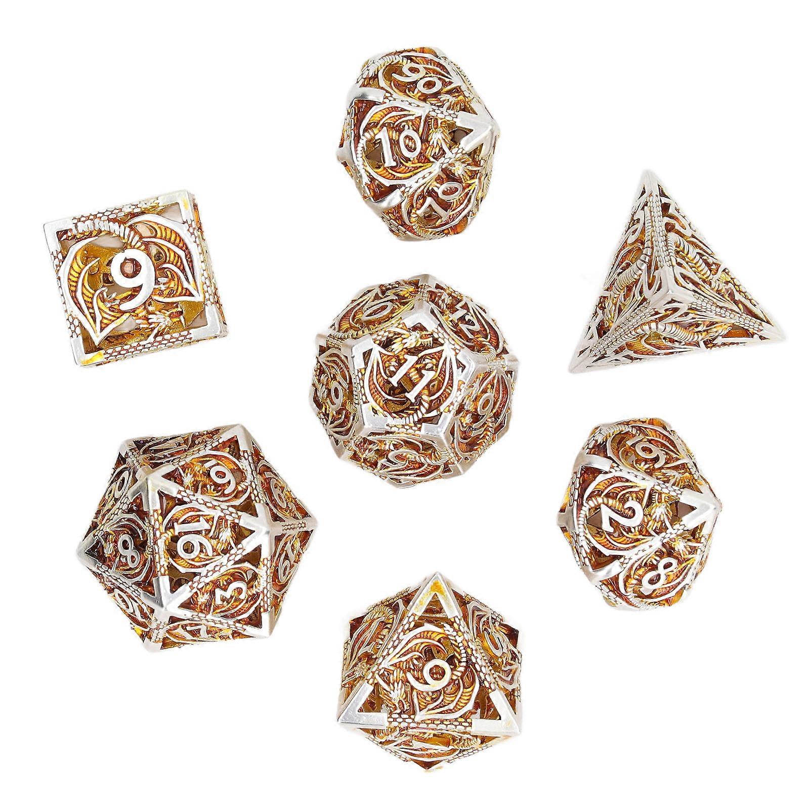 7pcs Hollow Metal Dice Set Clear Number Polyhedron Dices Set for Tabletop Role Playing Games Gold