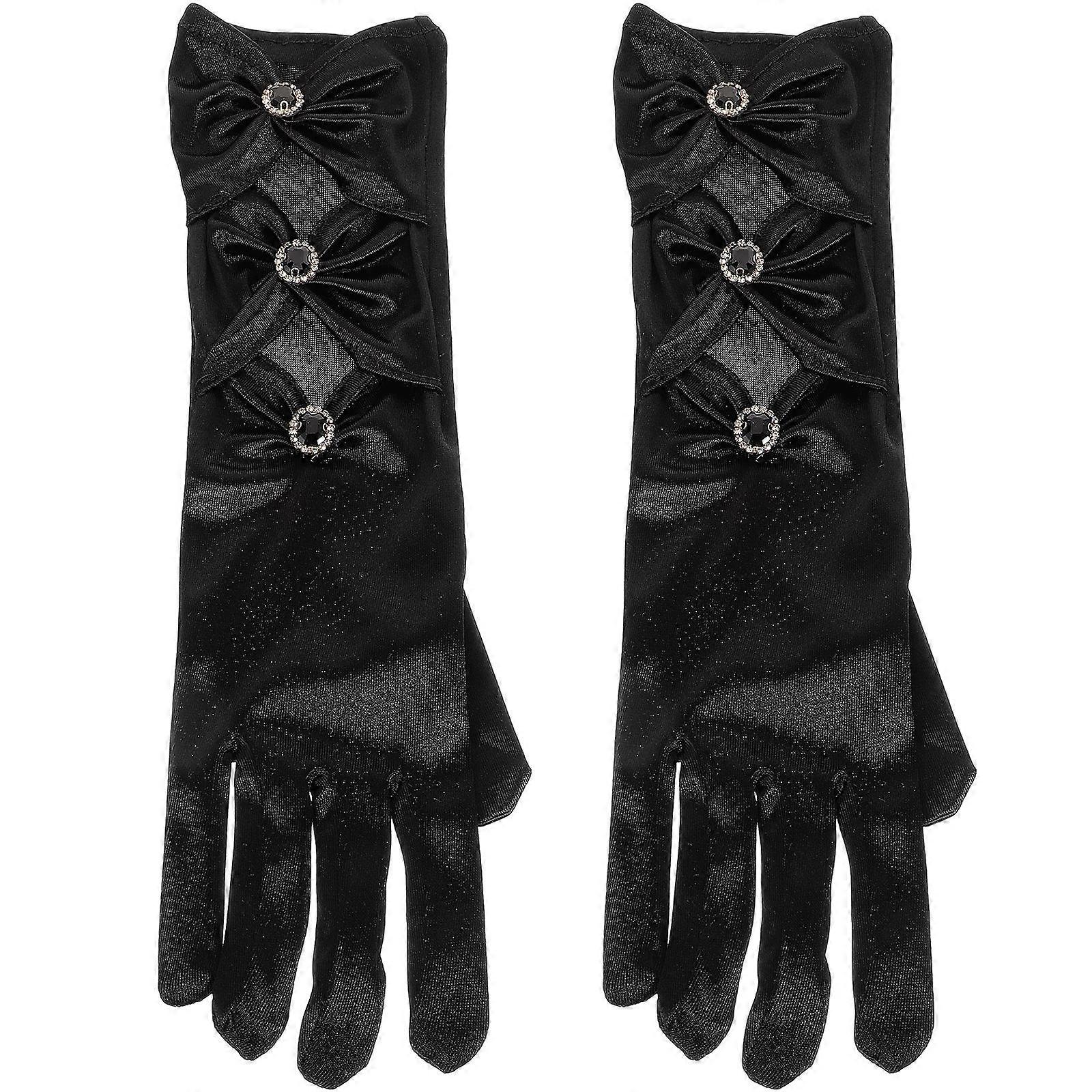 Elegant Satin Bow Gloves for Women – Stretchy Elbow Opera Gloves with Rhinestone Detail for Tea Parties, Evening Events, and Costume Occasions