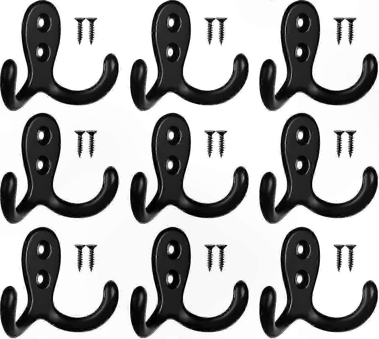 10 Pack Dual Prong Wall Hooks for Coats and Robes, Black Double Hooks for Hanging Clothes