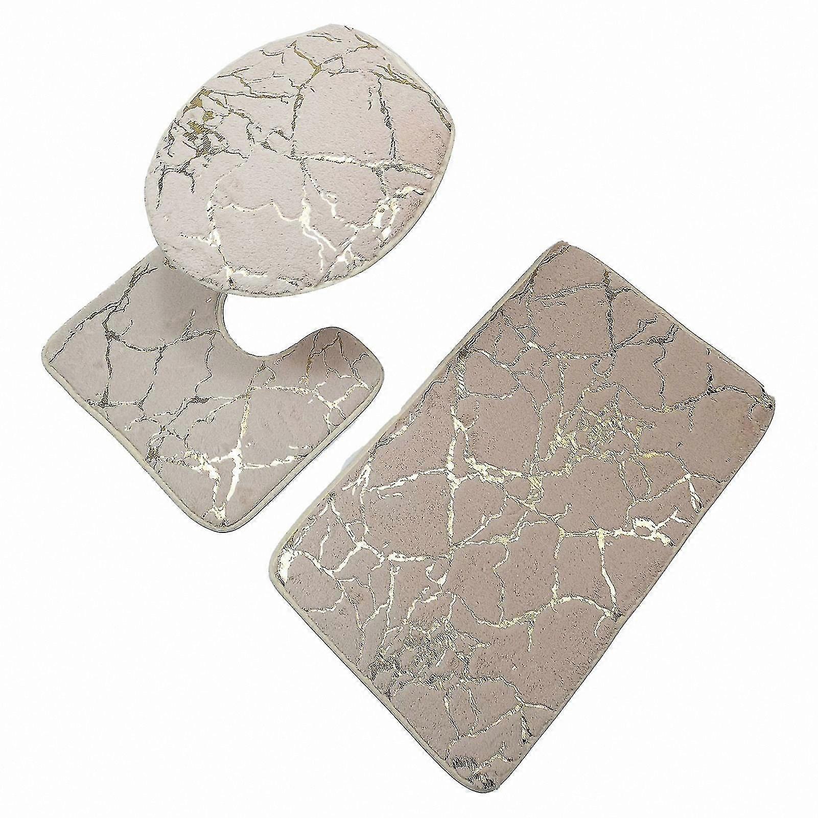 Set of 3 Non-Slip Quick-Dry Polyester Bathroom Rugs with Marble Design for Home Toilet and Lid Coverage