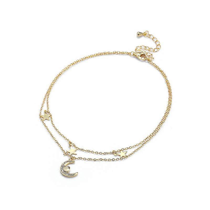 Women's Double Layer Anklet, 925 Sterling Silver Minimalist Style with Zircon Heart Star Moon